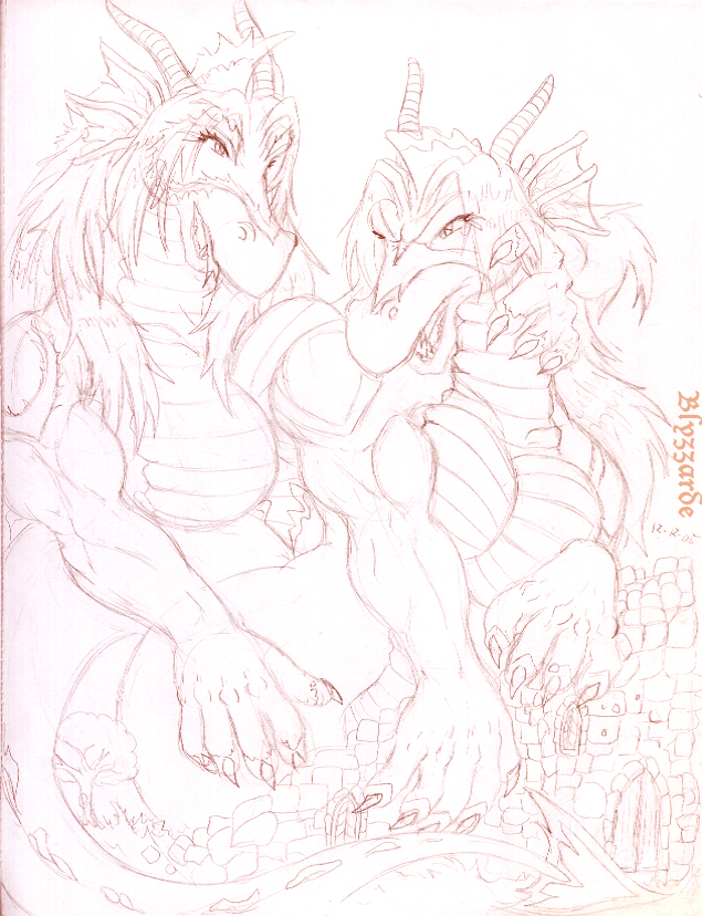 anthro big_breasts breasts building butt duo featureless_breasts female hair horn muscular muscular_anthro muscular_female non-mammal_breasts open_mouth plant scales tree ventral_scales blyzzarde mythology blyzzarde_(character) fyrestorme dragon mythological_creature mythological_scalie scalie 2006 traditional_media_(artwork)