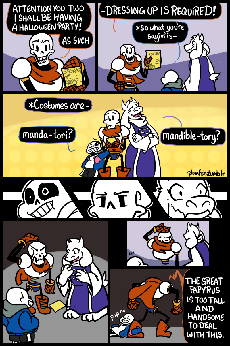 ambiguous_gender bone flyer_(pamphlet) humor pamphlet skeleton text wordplay plumfsh undertale undertale_(series) papyrus_(undertale) sans_(undertale) toriel animated_skeleton boss_monster_(undertale) bovid caprine goat humanoid mammal undead 2:3 artist_name comic english_text hi_res url