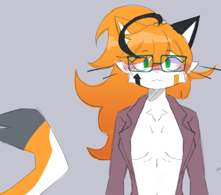 anthro black_body black_fur blush breasts clothing eyebrows eyewear female fur glasses green_accessory green_eyes hair mostly_nude mottled orange_body orange_fur orange_hair piebald simple_background solo tuft white_body white_fur exyli flux_(exyli) calico_cat domestic_cat felid feline felis mammal digital_media_(artwork) low_res