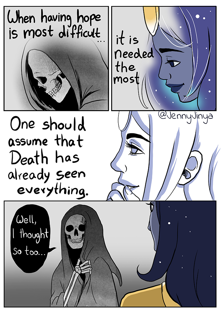 bone cloak clothing dialogue duo female hand_on_mouth hood hood_up lips male narrowed_eyes robe skeleton skull skull_head smile starry_hair text jenny_jinya loving_reaper death_(personification) life_(jenny_jinya) animated_skeleton humanoid spirit undead english_text