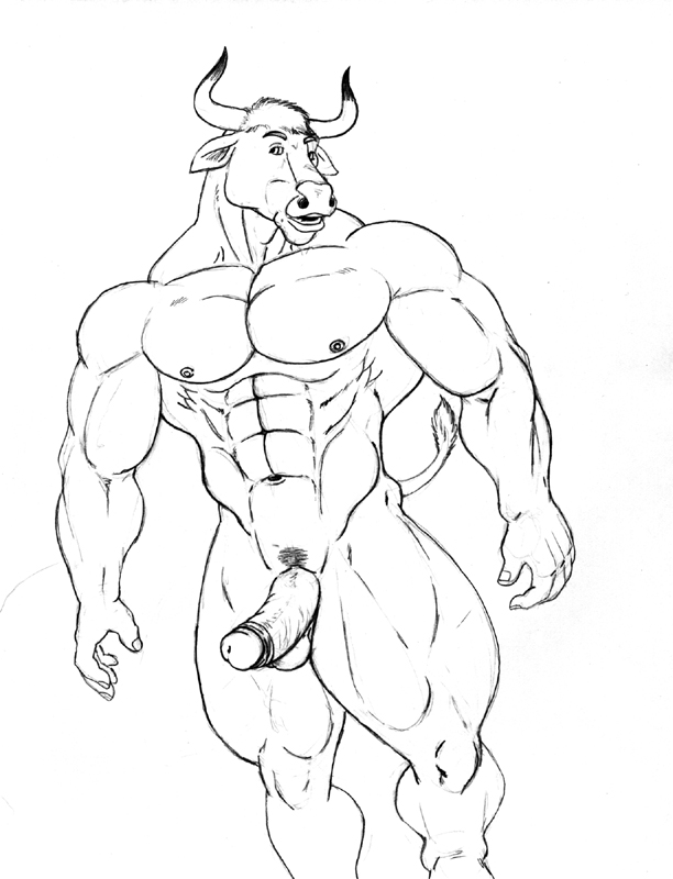 abs anthro balls biceps big_muscles biped circumcised circumcision_scar erection fur genital_scar genitals hair horn humanoid_genitalia humanoid_penis male muscular muscular_anthro muscular_male nipples nude pecs penis pose presenting scar simple_background solo standing sudonym bovid bovine cattle mammal monochrome sketch