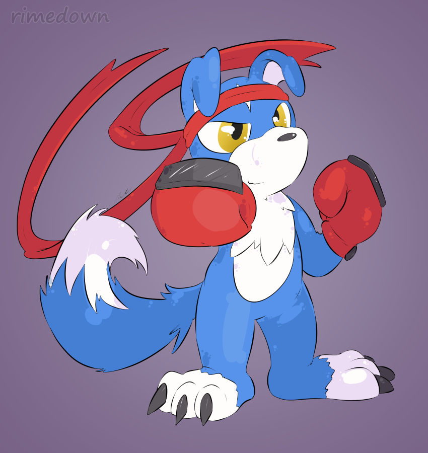 accessory blue_body blue_fur boxing_gloves claws clothing fur grey_background handwear headband male simple_background smile solo toe_claws tuft white_body white_fur white_inner_ear yellow_eyes rimedown bandai_namco digimon canid canine digimon_(species) gaomon mammal signature