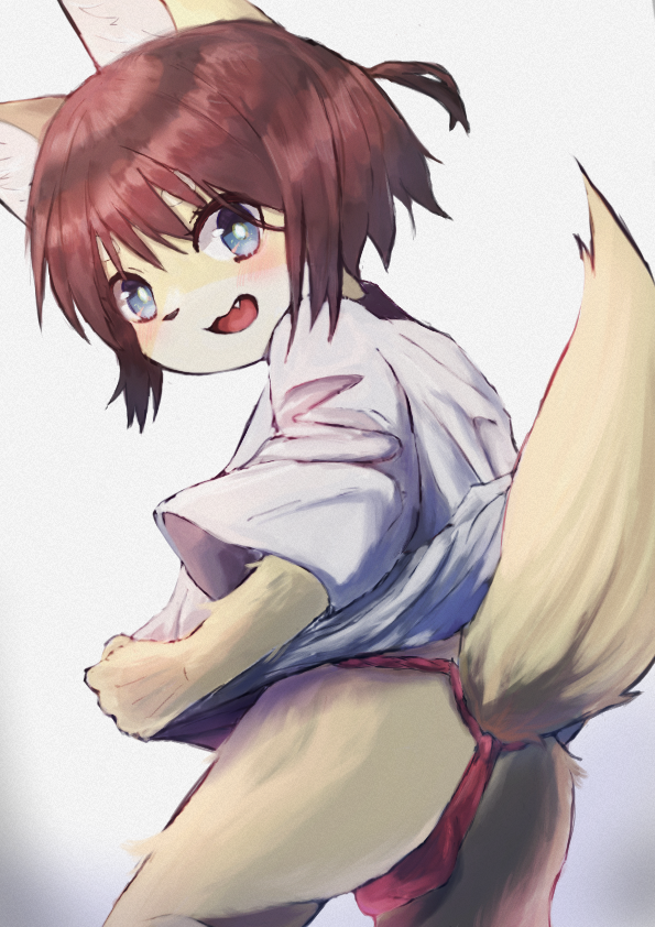 anthro asian_clothing blue_eyes bottomwear brown_hair clothed clothing countershade_face countershading cute_fangs east_asian_clothing fangs fundoshi fur furgonomic_bottomwear furgonomics genital_outline glistening glistening_eyes hair inner_ear_fluff japanese_clothing kemono looking_at_viewer looking_back looking_back_at_viewer male open_mouth oversized_clothing oversized_shirt oversized_topwear pantsless ponytail pupils raised_tail rear_view red_clothing red_fundoshi red_underwear shirt simple_background tail teeth topwear tuft underwear white_background white_body white_clothing white_fur white_inner_ear white_inner_ear_fluff white_pupils white_shirt white_topwear yellow_body yellow_ears yellow_fur yellow_tail young young_male fumochi_n canid canine fox mammal 2021 digital_media_(artwork) portrait three-quarter_portrait