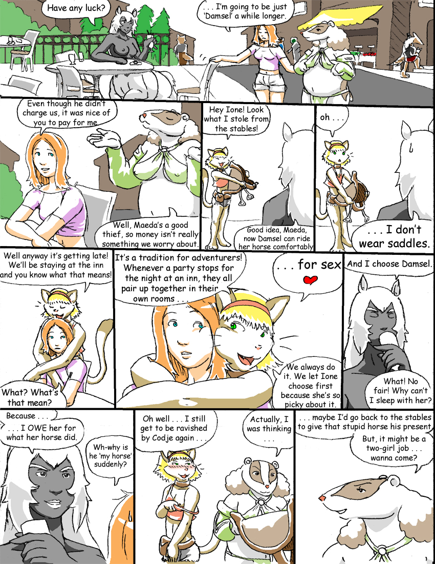 anthro breasts dialogue female furniture group heart_symbol hug monster_girl_(genre) nipples quadruped saddle table tail text town reiger european_mythology greek_mythology mythology codje_(reiger) damsel_(reiger) ione_(reiger) maeda_(reiger) badger canid canine centaur domestic_cat equid equid_taur felid feline felis fox human humanoid_taur mammal mammal_taur mustelid musteline taur comic english_text trans_(lore) trans_woman_(lore)