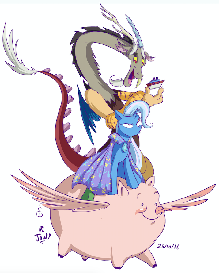 ambiguous_gender beard cape clothing facial_hair feathered_wings feathers female feral group horn male open_mouth simple_background smile teeth white_background wings jowybean friendship_is_magic hasbro my_little_pony mythology discord_(mlp) trixie_(mlp) chimera domestic_pig draconequus equid equine flying_pig mammal mythological_creature mythological_equine suid suina sus_(pig) unicorn 2016