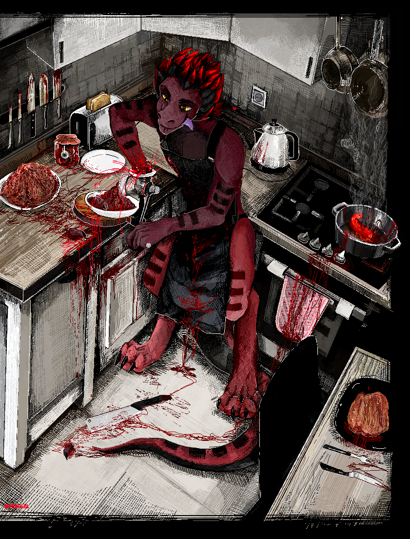 anthro appliance black_body black_fur black_hair black_scales blood blood_on_clothing blood_on_hand blood_splatter bodily_fluids box bread claws clothed clothing container cooking_with_furs cooking_with_scalies cookware detailed_background dismemberment eyeball food frying_pan fur furniture gore hair happy heart_symbol holding_object in_need_of_a_hospital inside kitchen kitchen_appliance kitchen_utensils knife looking_pleasured machine male markings masochism meat_grinder multicolored_body multicolored_hair multicolored_scales partially_clothed red_body red_scales scales shredder_(machine) smile solo standing striped_body stripes table toast toaster tongue tongue_out tools two_tone_body two_tone_hair two_tone_scales what jeffusherb furx_(character) scalie detailed digital_media_(artwork) pixel_(artwork)