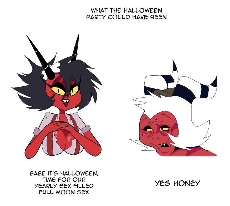 black_hair breasts duo emaciated female hair horn male not_furry open_mouth simple_background text white_background white_hair yellow_sclera carliabot dick_flattening helluva_boss millie_(helluva_boss) moxxie_(helluva_boss) wojak demon imp 2021 english_text