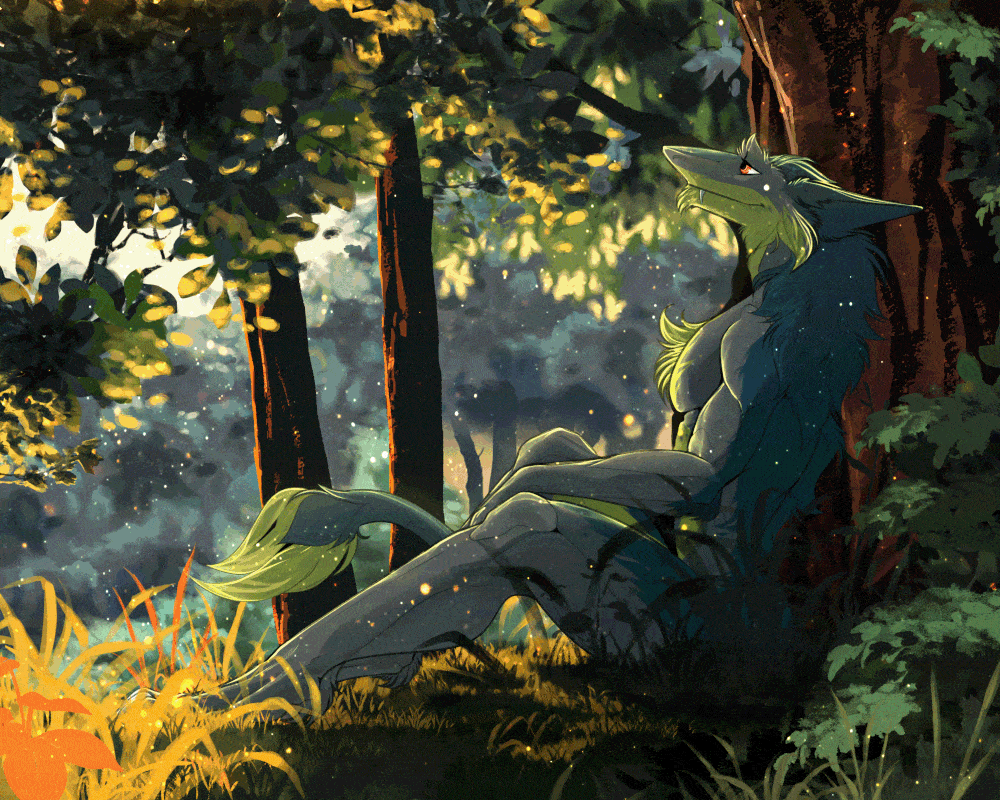 anthro autumn cozy fangs forest fur green_body green_fur grey_body grey_fur male plant relaxed_expression relaxing solo tail tail_tuft teeth tree tuft yellow_body yellow_fur graylynx brom_(sahurus) sergal 5:4 animated
