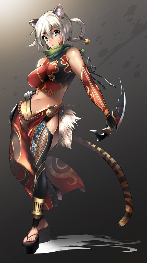 big_breasts breasts clothing facial_markings female footwear hair hand_on_hip head_markings holding_melee_weapon holding_object holding_weapon looking_at_viewer markings melee_weapon navel nipple_outline sandals scarf shoes simple_background solo weapon white_hair nekoarashi animal_humanoid felid felid_humanoid humanoid mammal mammal_humanoid pantherine pantherine_humanoid tiger_humanoid 2014