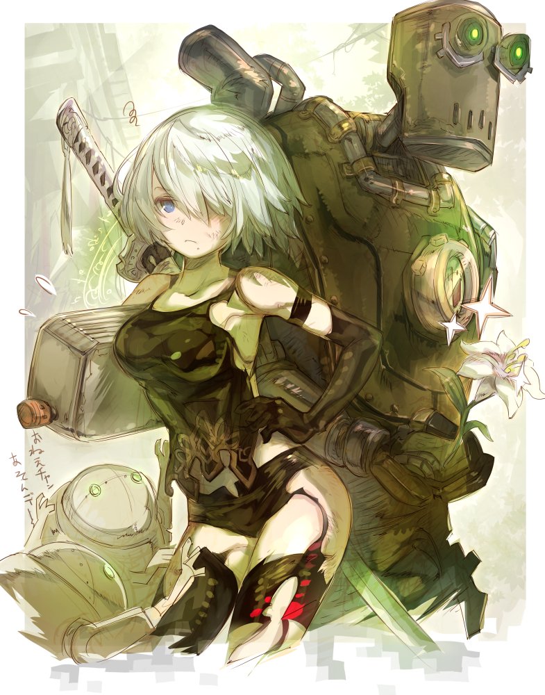 female flower green_eyes group hair machine melee_weapon not_furry plant short_hair sword text weapon haku_xxx nier_automata platinumgames a2_(nier_automata) pascal_(nier_automata) pod_042 android humanoid robot japanese_text