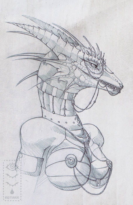 anthro breasts collar facial_piercing female horn nipple_chain nipple_piercing nipples non-mammal_breasts non-mammal_nipples open_mouth piercing simple_background solo white_background rotarr mythology dragon mythological_creature mythological_scalie scalie monochrome