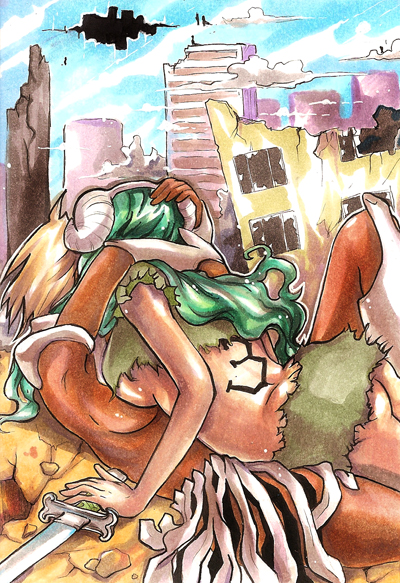 blonde_hair bone_armor bone_helmet bovid_horn breast_squish breasts breasts_frottage building caprine_horn day destroyed_building detailed_background duo female female/female green_hair hair horn hug human_only imminent_sex not_furry number number_on_body outside ram_horn sky squish tattoo unknown_artist bleach_(series) nelliel_tu_odelschwanck tia_halibel arrancar human mammal grandfathered_content