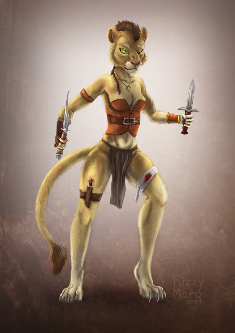 angry anthro braided_hair claws clothing female green_eyes hair knife leather leather_clothing mohawk solo warrior weapon wounded yellow_body fuzzymaro felid lion mammal pantherine