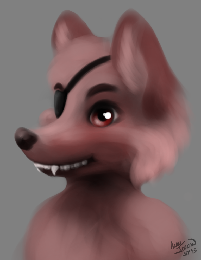 anthro anthrofied eye_patch eyewear fur grey_background male nude simple_background solo acru_jovian five_nights_at_freddy's scottgames foxy_(fnaf) canid canine fox mammal bust_portrait digital_media_(artwork) portrait