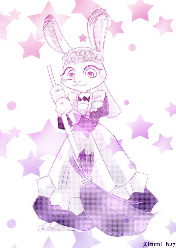 anthro barefoot blush broom cleaning_tool clothed clothing feet female fully_clothed fur holding_object maid_uniform smile solo uniform izumi_h27 disney zootopia judy_hopps lagomorph leporid mammal rabbit 2020