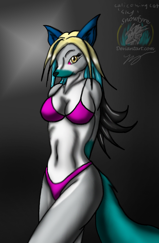 anthro bikini biped breasts clothed clothing female fur grey_body grey_fur hair long_hair looking_at_viewer multicolored_hair simple_background skimpy solo standing swimwear two-piece_swimsuit white_body white_fur yellow_eyes snowfyre sky_(snowfyre) canid canine fox mammal 2011