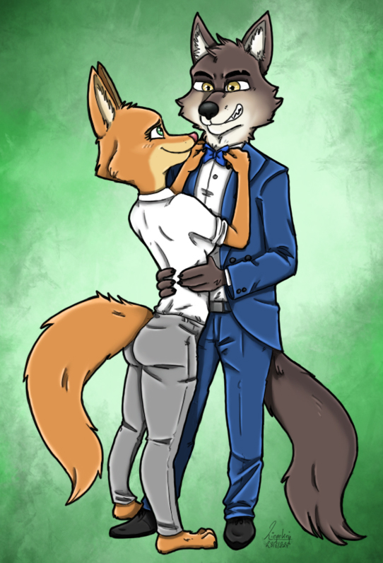 anthro black_body black_fur clothing duo female fur grey_body grey_fur hug male orange_body orange_fur suit tan_body tan_fur ziegelzeig dreamworks the_bad_guys diane_foxington mr._wolf_(the_bad_guys) canid canine canis fox mammal wolf 2023