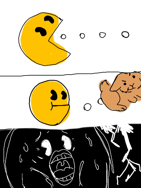 3_panel_comic bodily_fluids brown_body duo eating eating_feces electricity feces feces_in_mouth feral horrified humor lightning lightning_bolt open_mouth pellet pellets pooping realization shocked simple_background surprise sweat sweatdrop the_truth uvula what what_a_twist white_background yellow_body lopearedquentin bandai_namco pac-man_(series) pac-man lagomorph leporid mammal rabbit sphere_creature 3:4 comic digital_media_(artwork) meme