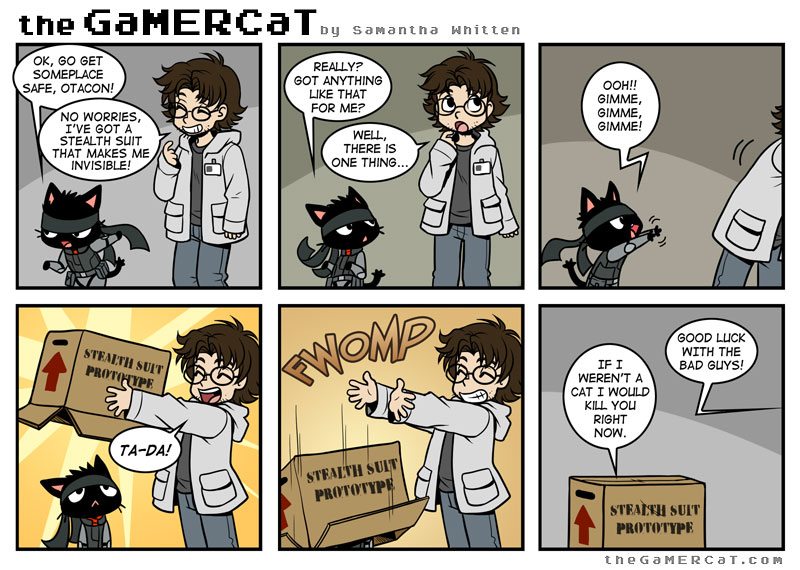 anthro box brown_hair cardboard cardboard_box container dialogue eyewear glasses grid_layout hair in_box in_container male six_frame_image smile text the_truth samantha_whitten konami metal_gear the_gamercat gamercat_(character) otacon solid_snake domestic_cat felid feline felis human mammal comic english_text url