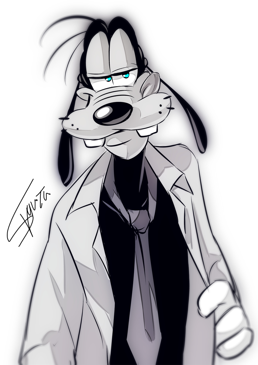 anthro bedroom_eyes black_nose blue_eyes clothed clothing freckles gloves half-closed_eyes handwear looking_at_viewer male narrowed_eyes necktie partially_clothed seductive shirt simple_background smile solo standing topwear undressing white_background ooofy1202 disney goofy_(disney) canid canine canis domestic_dog mammal hi_res