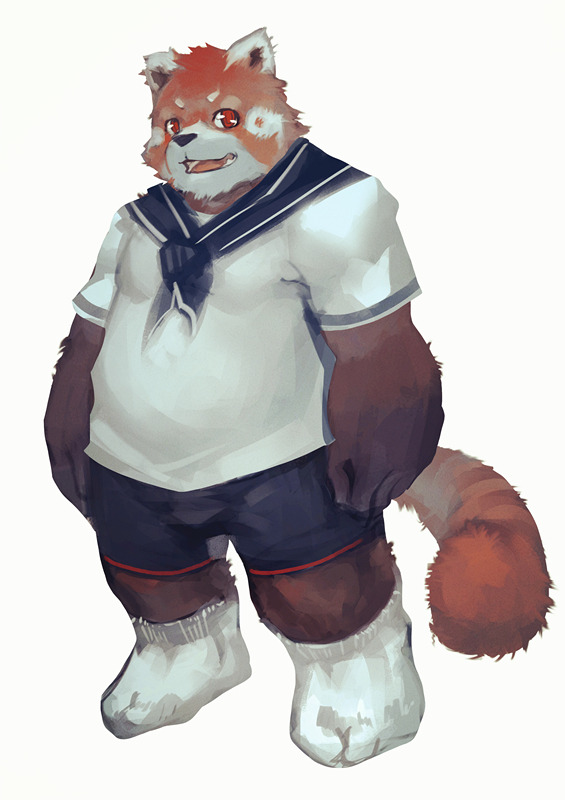 anthro belly biped bottomwear brown_body brown_fur clothing fur humanoid_hands male orange_body orange_fur overweight overweight_male shirt shorts simple_background solo topwear white_background lanoodles ailurid mammal red_panda 2015