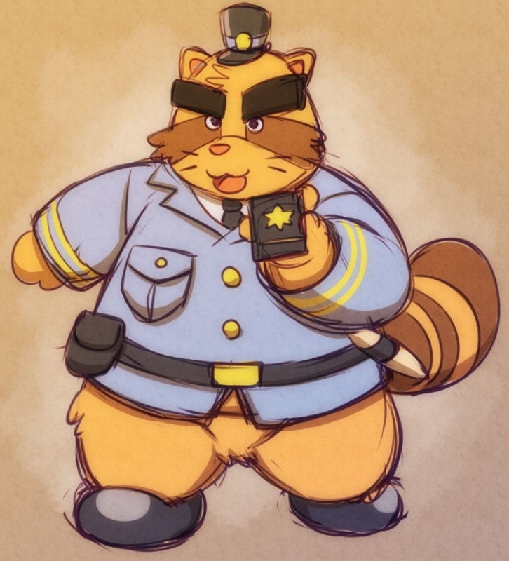 anthro badge barazoku biped clothing fluffy fluffy_tail footwear hat headgear headwear jacket looking_at_viewer male necktie open_mouth overweight overweight_anthro overweight_male police shoes simple_background slightly_chubby solo tail topwear lako alice_detective_bureau inspector_arai mammal procyonid raccoon digital_media_(artwork)