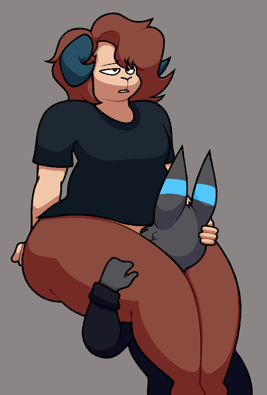 ambiguous/ambiguous ambiguous_gender anthro black_body black_fur bottomless brown_body brown_fur brown_hair clothed clothing duo fur hair hand_on_head hand_on_leg hand_on_thigh horn oral partially_clothed pokemorph chip_at_night nintendo pokemon alex_(epic_alex_furry) fan_character joey_(spice) bovid caprine eeveelution generation_2_pokemon goat mammal pokemon_(species) shiny_pokemon umbreon 2023 male_(lore)