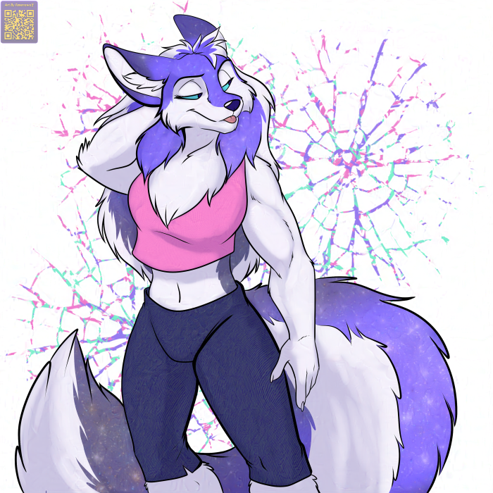 abstract_background anthro black_nose blep breasts clothed clothing female fur hair midriff muscular muscular_female navel neck_tuft orange_hair shirt solo starry_hair starry_tail tail tank_top tongue tongue_out topwear tuft white_body white_fur foxenawolf canid canine canis mammal wolf 1:1 adversarial_noise