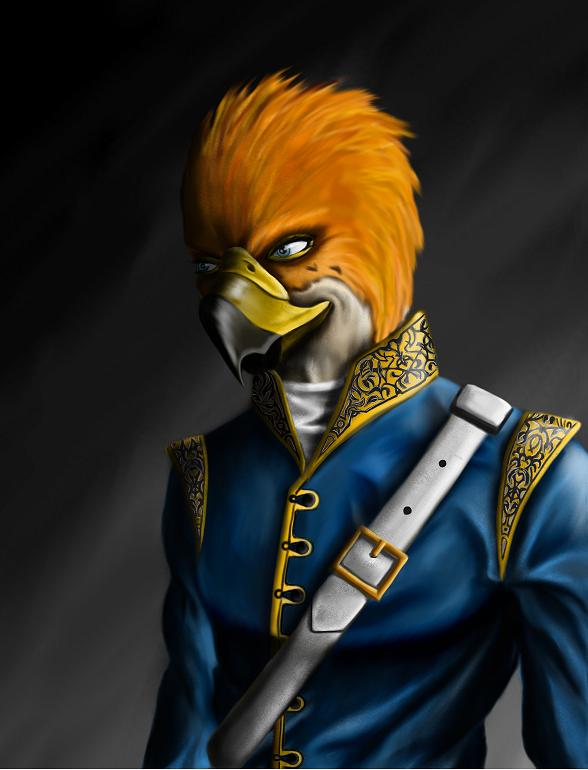 anthro beak blue_eyes clothing male solo uniform atinka8 sandor_(character) avian bird falcon falconid digital_media_(artwork)