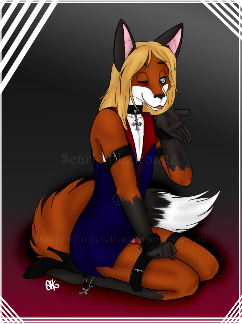 ankle_strap_heels anthro biped blonde_hair blue_eyes bottomwear clothed clothing crossdressing cuff_(restraint) dress femboy footwear hair high_heels kissing leather leather_cuffs male pumps restraints shoes skirt solo scarlett_the_red jessie_lockhart canid canine fox mammal watermark