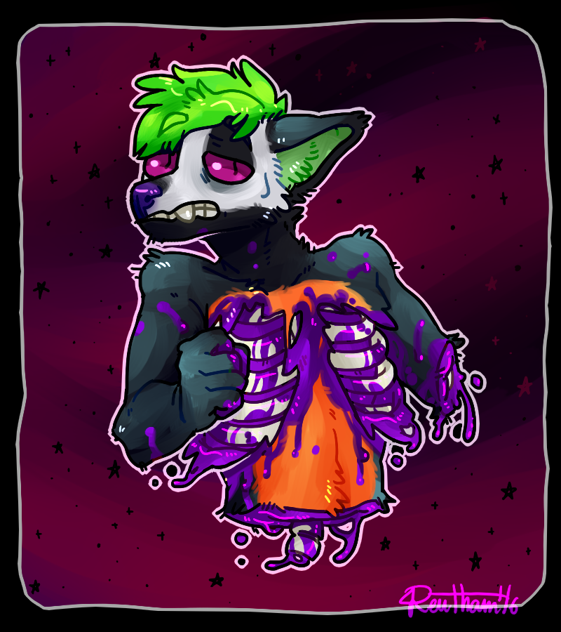 anthro black_body black_ears black_fur blood bodily_fluids bone colored_blood exposed_bone fangs front_view fur glistening glistening_eyes gore green_hair green_inner_ear_fluff grey_body grey_fur hair inner_ear_fluff looking_at_viewer male orange_body orange_fur pupils purple_blood purple_eyes purple_nose rib_cage short_hair slit_pupils solo teeth tuft unusual_blood unusual_bodily_fluids white_body white_fur wounded 0ct0m0n0 reefur canid mammal dated signature