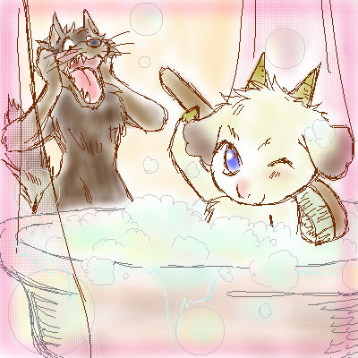 ambiguous_gender anthro bath bathtub black_eyes blue_eyes blush brown_body brown_fur brown_markings bubble chest_tuft duo fur hoof_hands horn kemono looking_at_another looking_at_viewer male markings nude one_eye_closed open_mouth partially_submerged pink_nose scared scrubbing sharp_teeth shower_curtain simple_background smile soap_bubbles standing suds tail teeth tongue tuft water wet white_body white_fur wink yellow_background young young_anthro unknown_artist one_stormy_night gabu mei_(one_stormy_night) bovid canid canine canis caprine goat mammal wolf 1:1 digital_media_(artwork) low_res oekaki