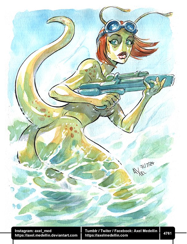 5_fingers anthro blue_sky breasts brown_eyebrows brown_hair brown_spots butt day eyebrows eyelashes eyewear eyewear_on_head female fingers goggles goggles_on_head green_body green_breasts green_eyes green_skin green_tail gun hair holding_gun holding_object holding_ranged_weapon holding_weapon light long_tail looking_back markings medium_hair nude nude_anthro nude_female number outside partially_submerged ranged_weapon sky solo spots spotted_body spotted_markings spotted_skin spotted_tail standing tail tail_markings text text_box water weapon axelmedellin alien gastropod mollusk slug 2024 artist_name colored dated lighting painting_(artwork) shaded signature traditional_media_(artwork) traditional_painting_(artwork) traditional_watercolor_(artwork) url watercolor_(artwork)