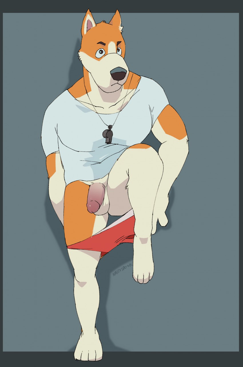 anthro balls circumcised clothing eyebrows flaccid fur genitals humanoid_genitalia humanoid_penis male pecs penis shirt simple_background solo standing topwear underwear white_body white_fur nastyspook animal_crossing nintendo copper_(animal_crossing) canid canine canis domestic_dog mammal 2017 digital_media_(artwork) hi_res signature