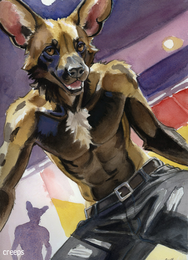 abs anthro athletic belt bottomwear brown_eyes clothed clothing detailed_background fur male open_mouth pants realistic realistic_anatomy realistic_anthro realistic_fur realistic_lighting realistic_shading solo_focus teeth tongue topless topless_male creeps african_wild_dog canid canine mammal artist_name gouache_(artwork) traditional_media_(artwork) watercolor_(artwork)