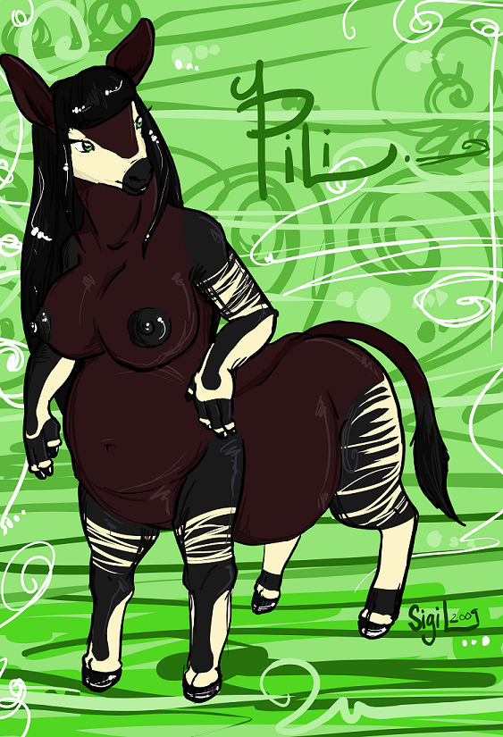 abstract_background anthro breasts brown_body brown_fur female fur navel nipples nude quadruped simple_background slightly_chubby solo stripes tail deervvitch pili_(deervvitch) giraffid giraffid_taur mammal mammal_taur okapi okapi_taur taur 2009