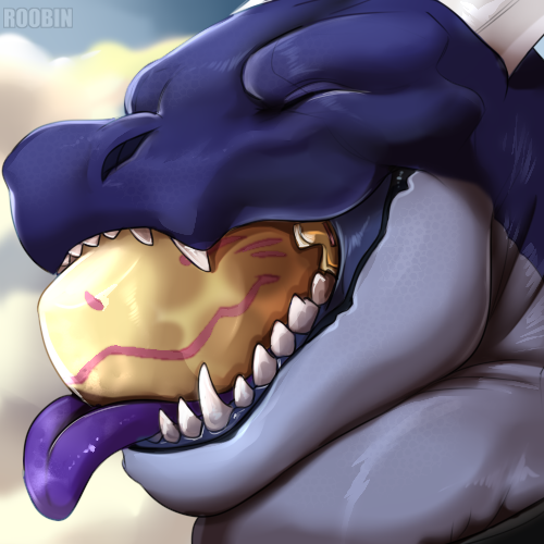 anthro bodily_fluids collar duo eyes_closed horn machine male male/male purple_body teeth tongue vore willing_prey yellow_body roobin mythology loslo vault_fur dragon mythological_creature mythological_scalie protogen scalie 1:1 digital_media_(artwork) low_res