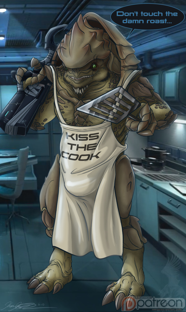 apron bulge clothing green_eyes kitchen_spatula kitchen_utensils male solo spatula text tools yami_griffin bioware electronic_arts mass_effect mass_effect_andromeda nakmor_drack alien krogan english_text hi_res