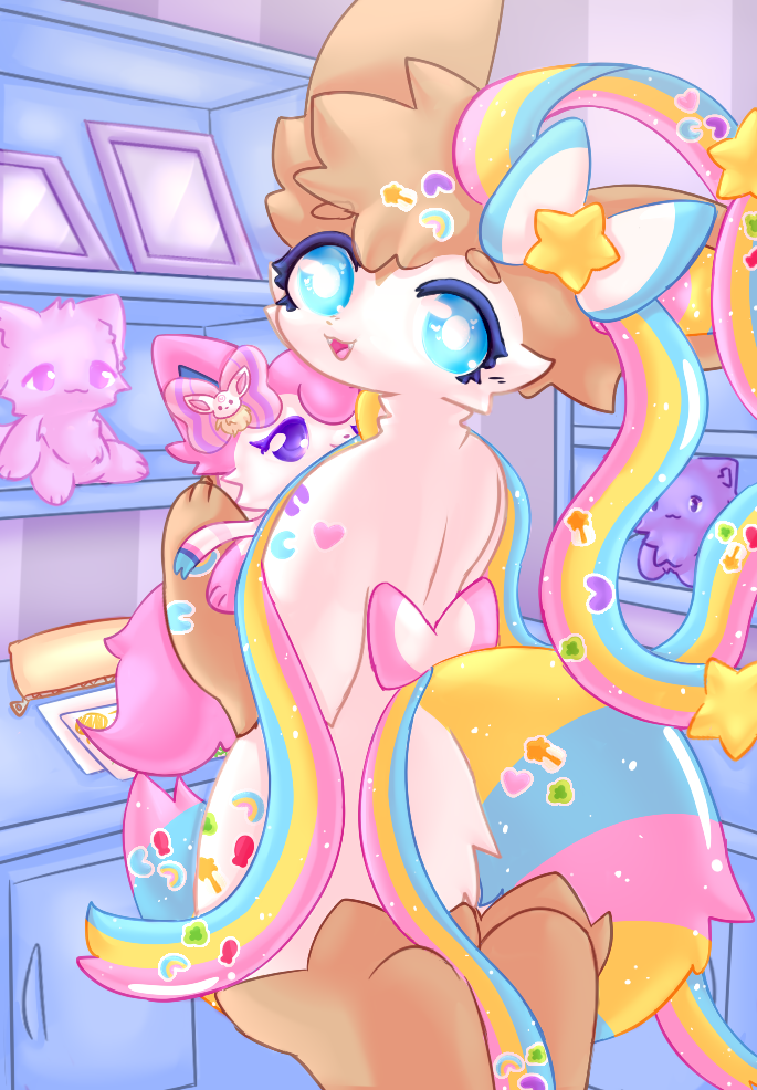 anthro big_eyes blue_body blue_eyes blue_fur brown_body brown_fur detailed_background female fur happy holding_object holding_plushie looking_at_viewer looking_back pink_body pink_fur plushie rear_view smile solo sparklefur standing sticker stickers_on_body store tan_body tan_fur toy yellow_body yellow_fur wayletuwu nintendo pokemon eeveelution generation_6_pokemon pokemon_(species) sylveon 2023
