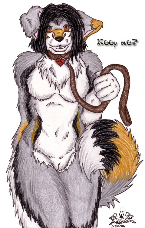 anthro arm_tuft breasts collar collar_only curled_tail ear_piercing facial_piercing featureless_breasts female floppy_ears genitals hair hand_behind_back holding_leash holding_object holding_own_leash leash leg_tuft lip_piercing looking_at_viewer neck_tuft nude nude_anthro nude_female piercing pussy shoulder_tuft smile solo standing tail text tuft angelwolf_(artist) canid canine canis domestic_dog mammal 2006 colored_pencil_(artwork) dated english_text signature traditional_media_(artwork)