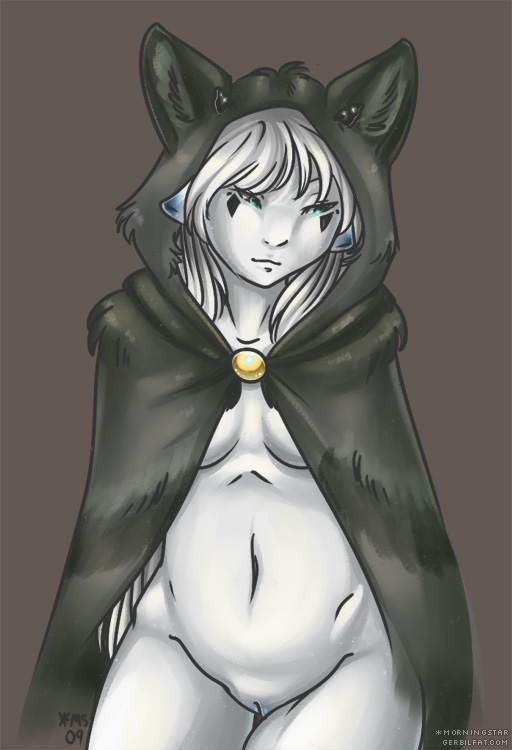 black_body black_fur blue_eyes bottomless breasts clasp clothed clothing costume female fur fursuit genitals hair horn open_clothing open_shirt open_topwear pussy shirt solo text topwear white_hair wolf's_clothing wolf_cloak wolf_costume morningstar_(artist) giselle canid canine humanoid mammal 2009 artist_name dated signature url