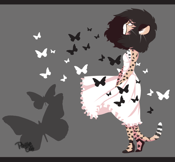 anthro clothed clothing dress female feral footwear fur group hair shoes standing white_clothing white_dress petitecat arthropod butterfly felid insect lepidopteran mammal letterbox