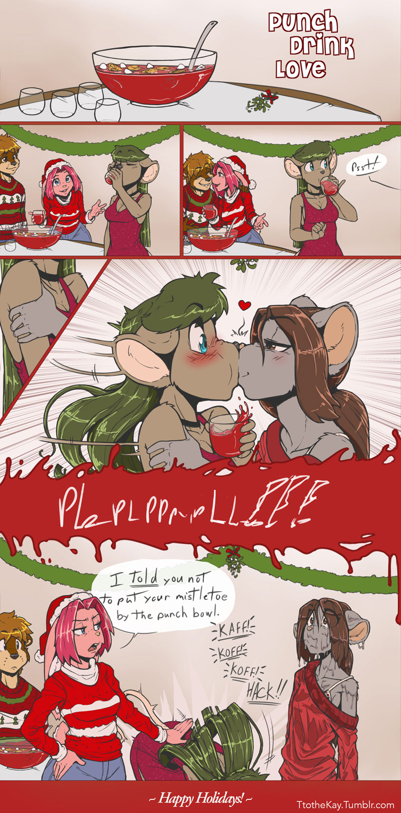 dialogue female female/female group holidays kissing kissing_bough mistletoe plant text t-kay christmas fran_cervice katie_tinson sam_rodoric lagomorph leporid mammal mouse murid murine mustelid otter rabbit rodent digital_media_(artwork) english_text hi_res