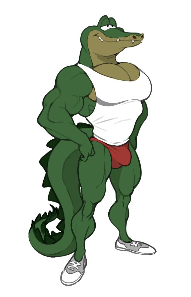 anthro bulge clothing detailed_bulge footwear genital_outline male muscular muscular_anthro muscular_male penis_outline shirt shoes simple_background solo speedo swimwear tank_top topwear white_background analon_(artist) animalympics bolt_jenkins alligator alligatorid crocodilian reptile scalie