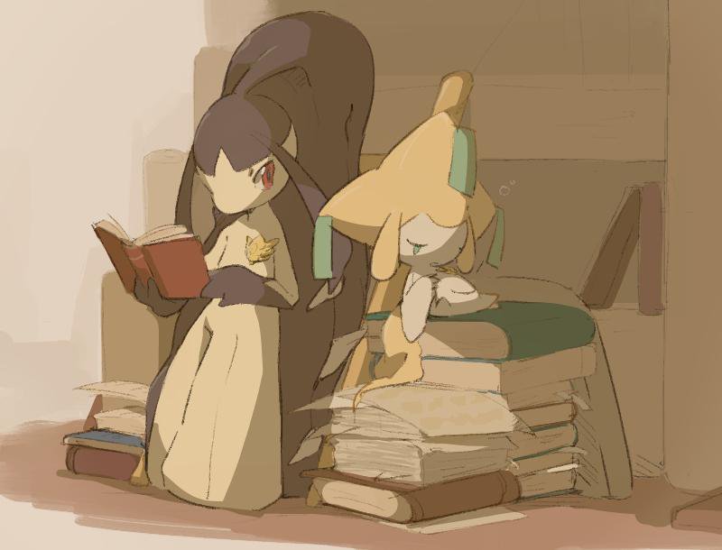 ambiguous_gender book duo not_furry plant reading red_eyes sleeping unknown_artist nintendo pokemon pokemon_mystery_dungeon spike_chunsoft archaeologist_mawile astronomer_jirachi generation_3_pokemon humanoid jirachi legendary_pokemon mawile pokemon_(species)