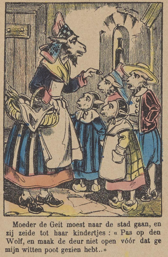 anthro apron basket bonnet clogs clothed clothing container dutch egg female footwear fur group hair hat headgear headwear male smile text woodcut unknown_artist bovid caprine goat mammal ancient_art traditional_media_(artwork) translated