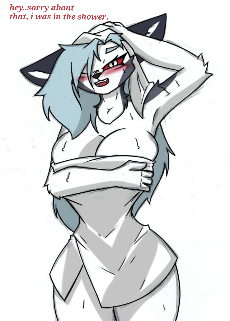 anthro big_breasts black_nose blue_hair blush breasts cleavage clothed clothing drying drying_fur drying_hair fangs female fur grey_body grey_ears grey_fur hair hair_over_eye hand_on_head one_eye_obstructed open_mouth pupils red_blush red_sclera red_tongue showered simple_background slim slit_pupils solo standing teeth thick_thighs tongue towel towel_only white_background white_body white_fur white_inner_ear white_towel wide_hips pace-maker helluva_boss mythology loona_(helluva_boss) canid canid_demon canine demon hellhound mammal mythological_canine mythological_creature