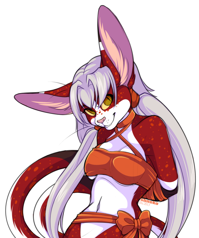 anthro big_ears breasts clothed clothing female fur hair partially_clothed pink_nose pupils red_body red_fur ribbons simple_background slit_pupils smile solo teeth white_hair yellow_eyes strawberryneko felid mammal 2013