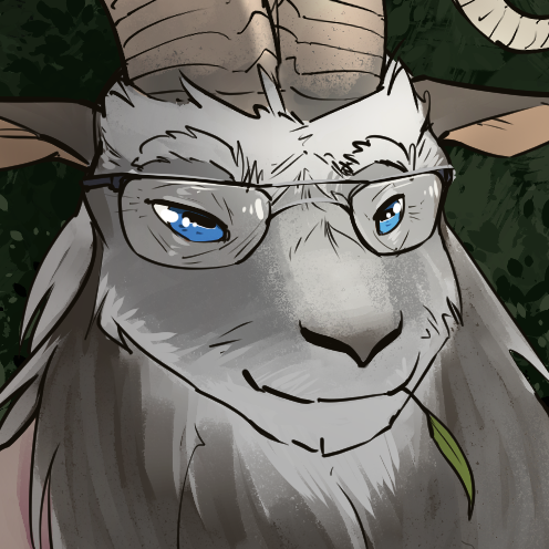 anthro blue_eyes cheek_tuft eyewear facial_tuft fur fur_markings glasses green_background grey_body grey_fur grey_horn grey_markings horn male markings neck_tuft plant_in_mouth simple_background smile solo tuft feretta joehuser bovid caprine goat mammal 1:1 digital_drawing_(artwork) digital_media_(artwork) flat_colors headshot_portrait low_res portrait