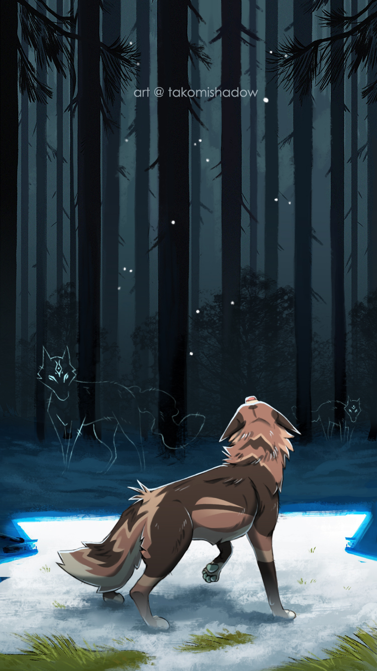 ambiguous_gender duo female feral forest forest_background nature nature_background plant scared shadow snow tree takomishadow misha_(takomishadow) x0mn!a_(takomishadow) canid canine canis coyote hybrid mammal illustration hi_res